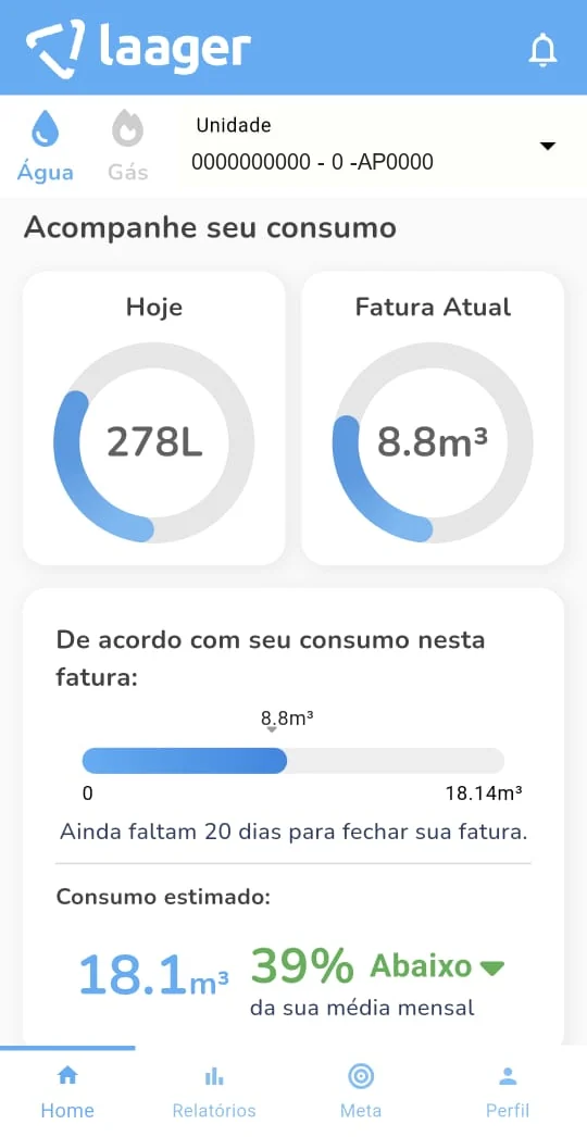Tela inicial do app: consumo de hoje (278 litros), consumo da fatura atual (8,8 m³) e a estimativa do mês, 39% abaixo da média mensal.