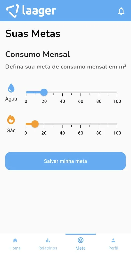 Tela de metas: controle deslizante para definir a meta de consumo mensal de água, em m³.